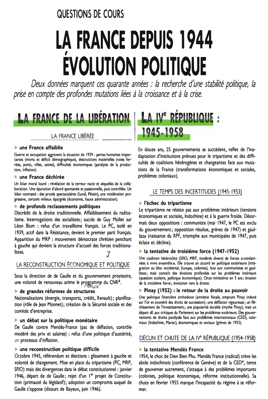 Prévisualisation du document QUESTIONS DE COURS

LA, FRANCE DEPUIS 1944
EVOLUTION POLITIQUE
.·

Deux données marquent ces quarante années la recherche d1une stabilité...