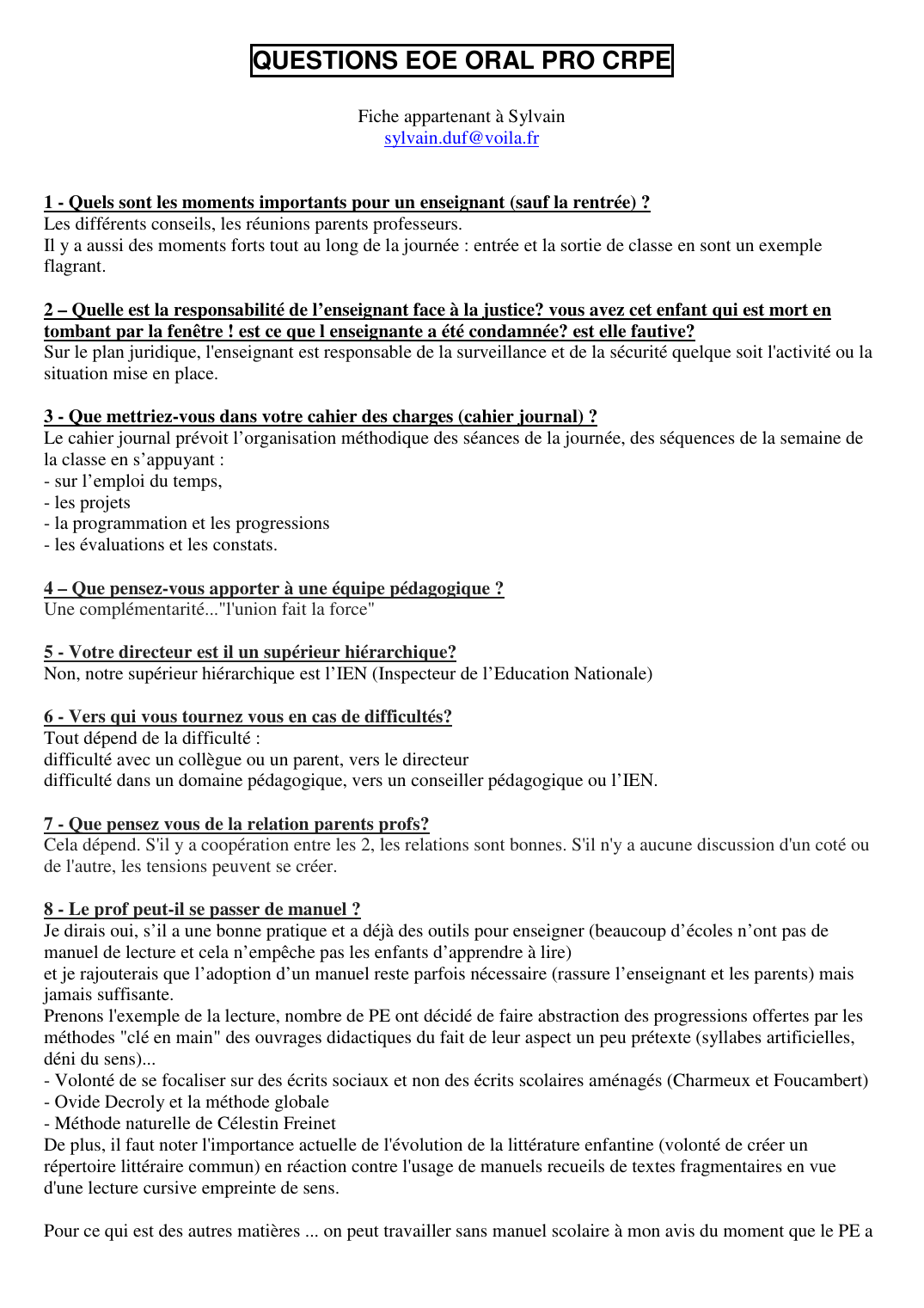 Prévisualisation du document QUESTIONS EOE ORAL PRO CRPEFiche appartenant à Sylvainsylvain.