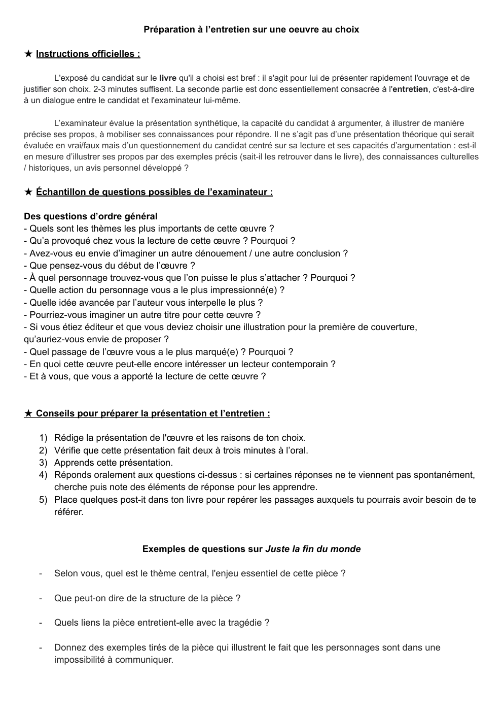 Prévisualisation du document Questions pour préparer l'entretien de l'oral du bac de français