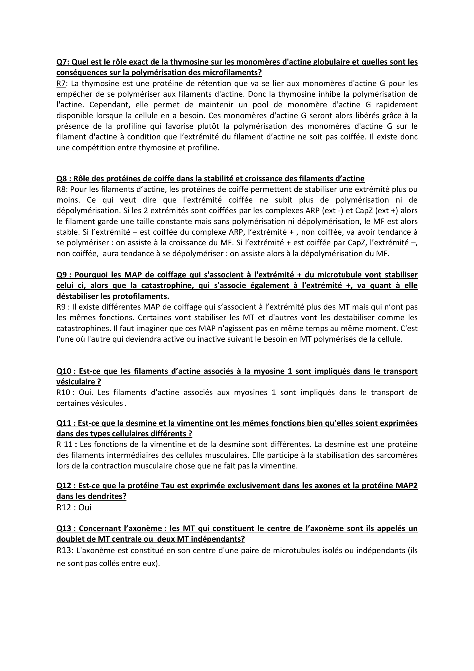 Prévisualisation du document Questions-réponses 1A PACES Cytosquelette 2011-12 Pr Réjane Paumelle-Lestrelin.