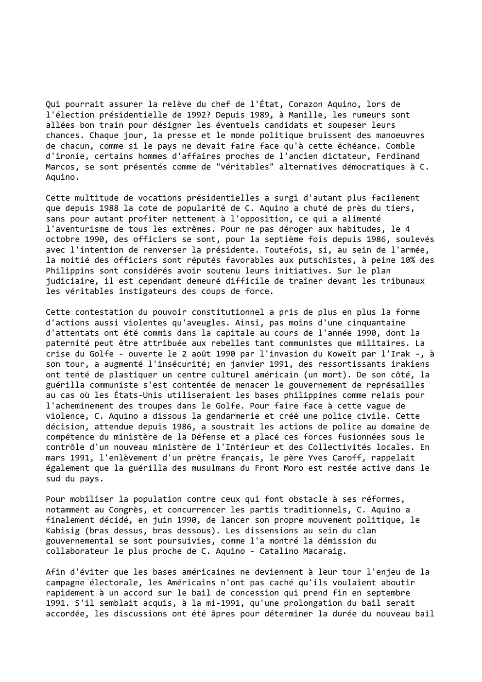 Prévisualisation du document Qui pourrait assurer la relève du chef de l'État, Corazon Aquino, lors de
l'élection présidentielle de 1992? Depuis 1989, à...