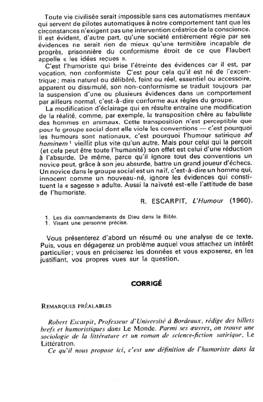Prévisualisation du document R. ESCARPIT, L'Humour (1960). Analyse