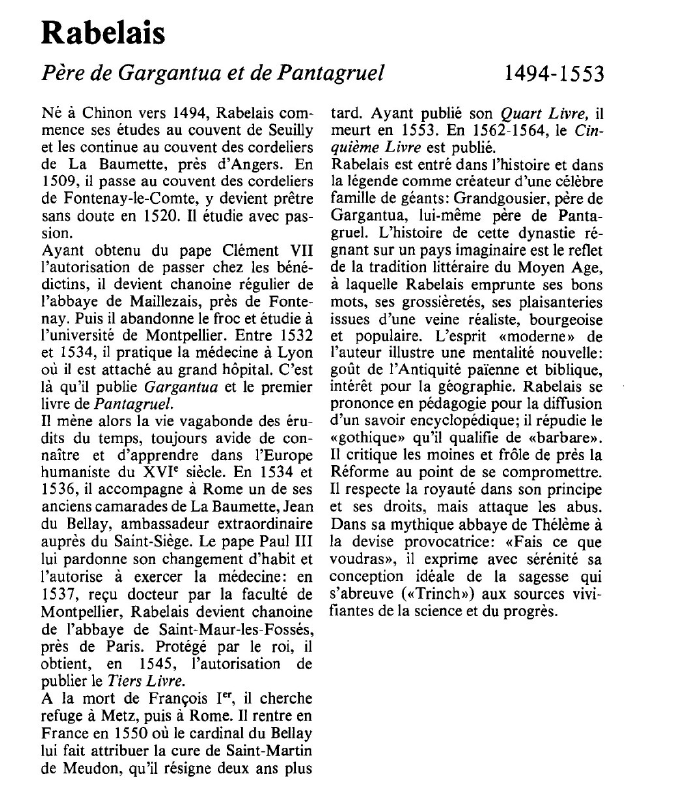Prévisualisation du document Rabelais:Père de Gargantua et de Pantagruel.