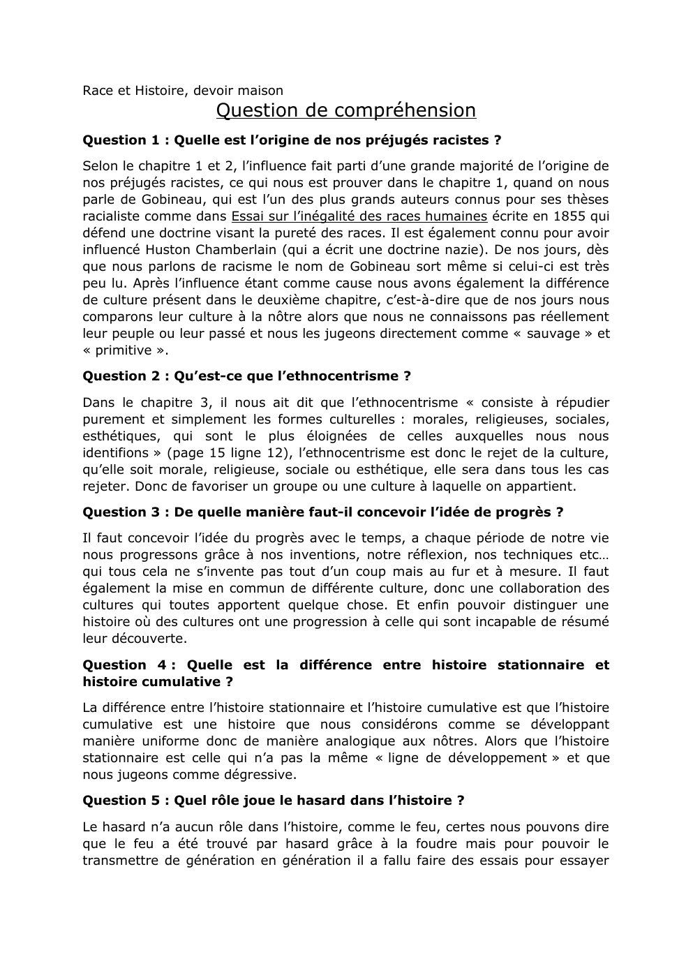 Prévisualisation du document Race et histoire question de compréhension