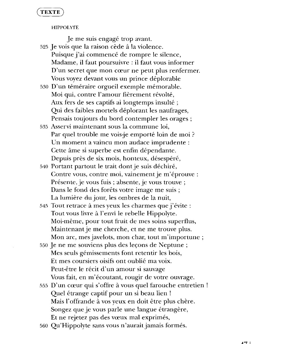 Prévisualisation du document RACINE: L'aveu d'Hippolyte  à Aricie  (Acte Il, SC. 2, V. 524-560) - Phèdre