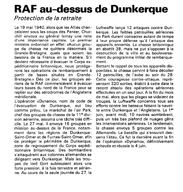 Prévisualisation du document RAF au-dessus de Dunkerque:Protection de la retraite (histoire de la seconde guerre mondiale).