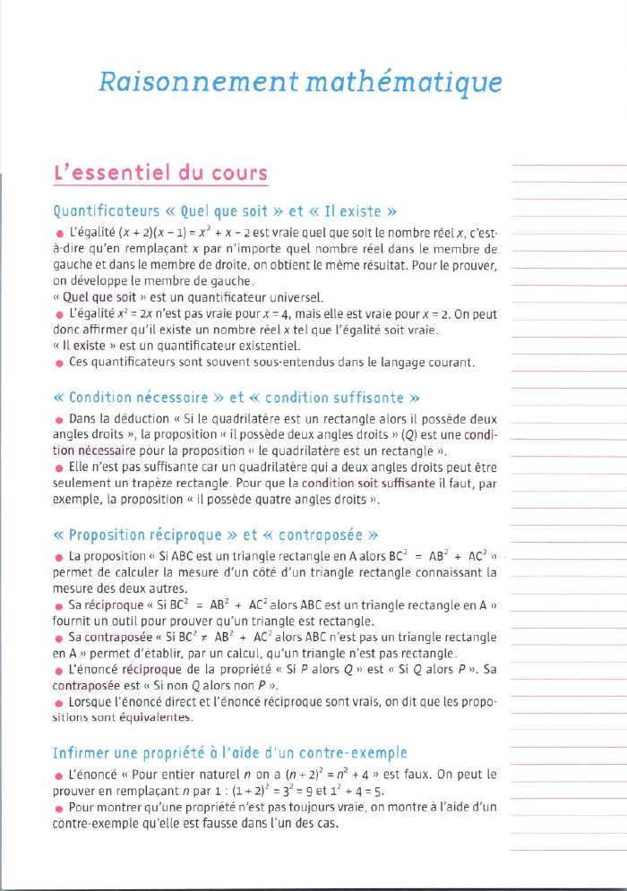 Prévisualisation du document Raisonnement mathématique
L'essentiel du cours
Quantificateurs

« Quel que soit » et « Il existe »

• l'égalité (x +...