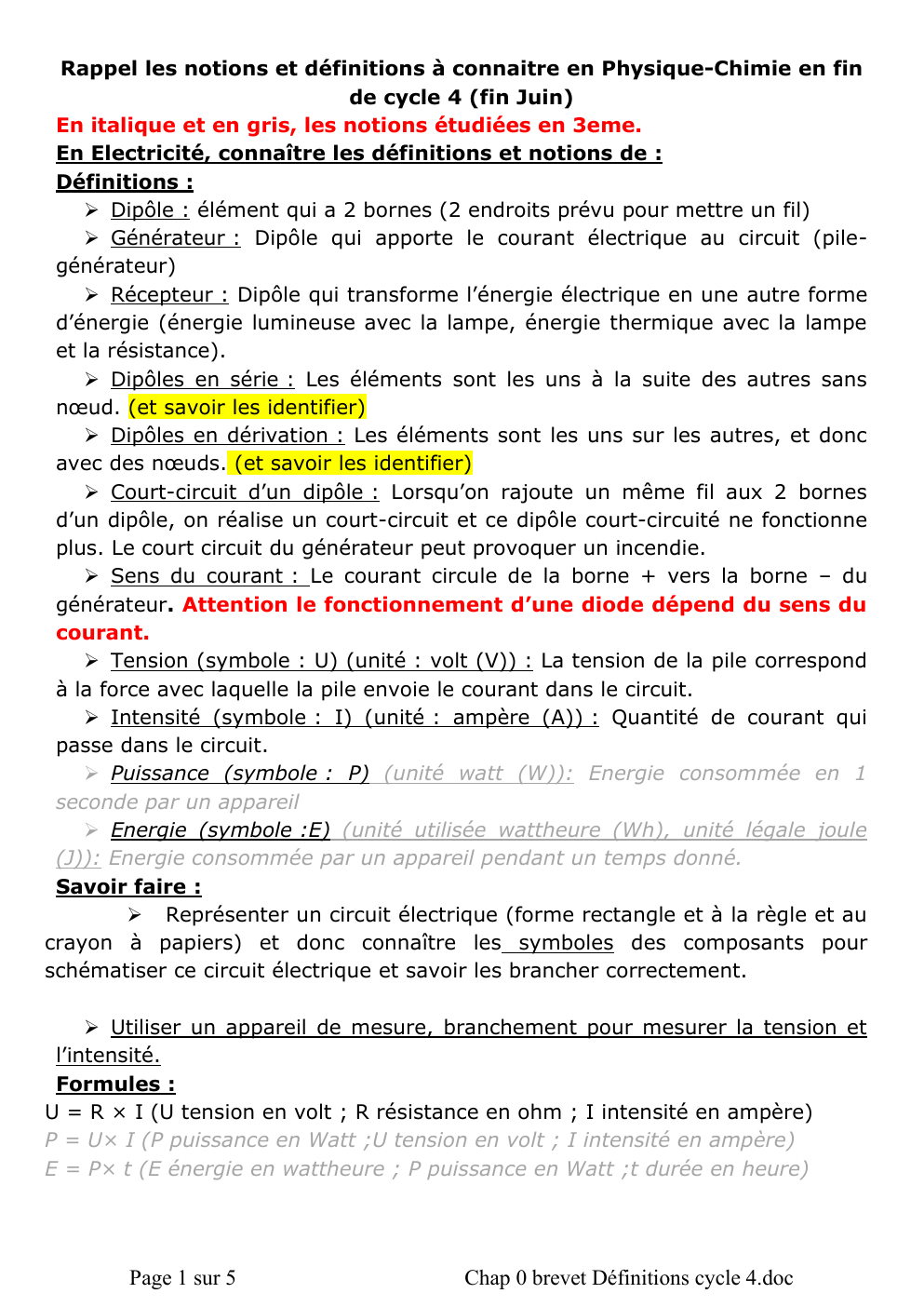 Prévisualisation du document Rappel les notions et définitions à connaitre en Physique-Chimie en fin de cycle 4 (fin Juin)