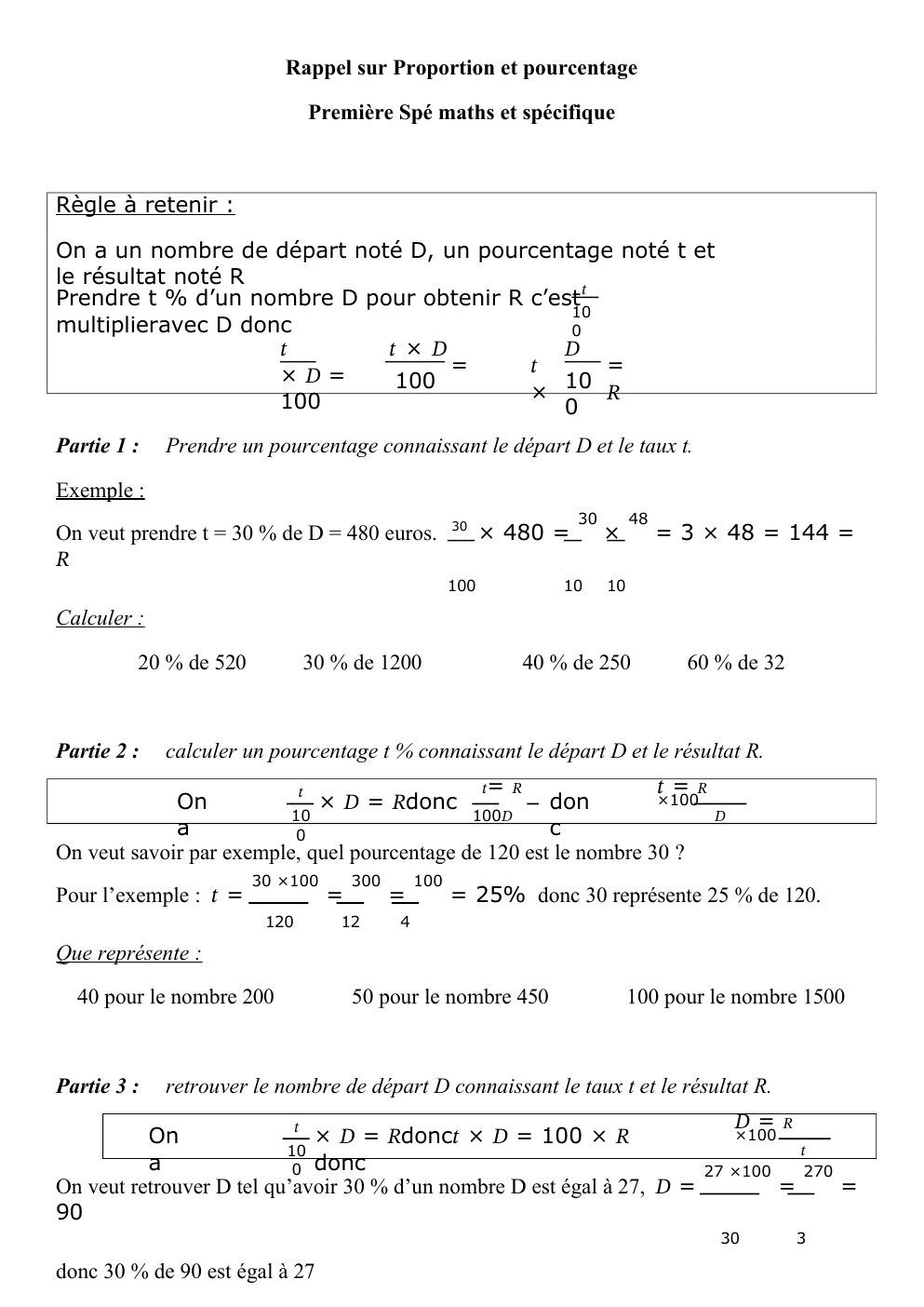 Prévisualisation du document Rappel sur Proportion et pourcentage Première Spé maths et spécifique