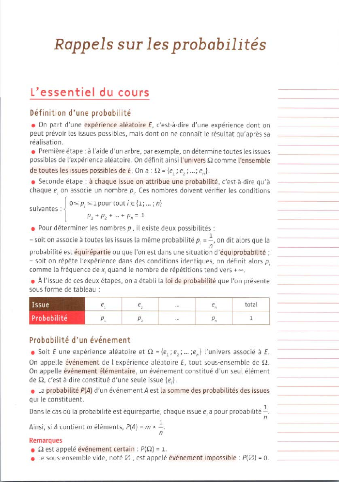 Prévisualisation du document Rappels sur les probabilités
L'essentiel du cours
Définition d'une probabilité
• On part d'une expérience aléatoire E, c'est-à-dire d'une expérience...