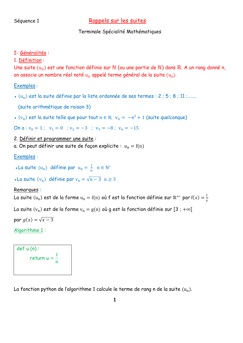Prévisualisation du document Rappels sur les suites  Séquence 1  Terminale Spécialité Mathématiques