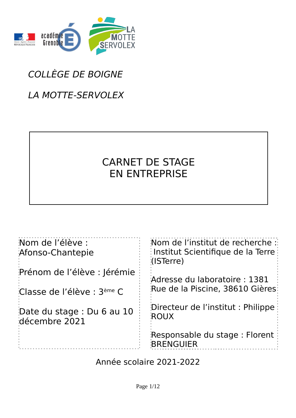 Prévisualisation du document Rapport de stage 3ème entreprise ISTerre