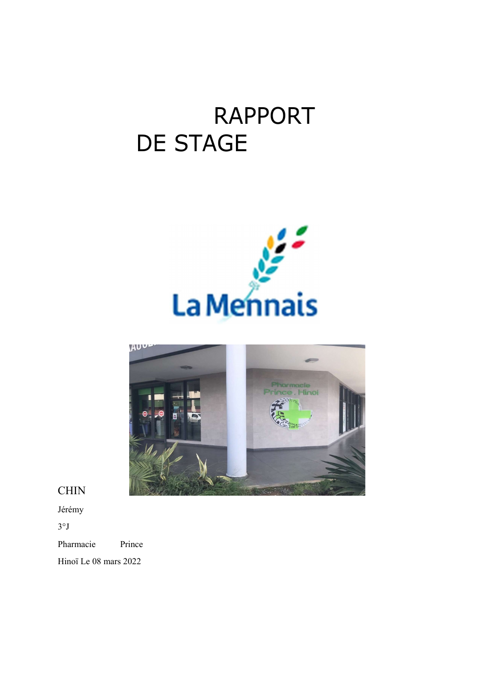 Prévisualisation du document RAPPORT DE STAGE   3°J Pharmacie