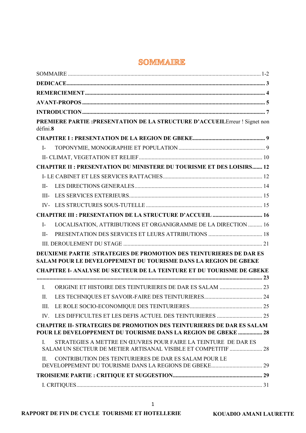 Prévisualisation du document rapport de stage - RAPPORT DE FIN DE CYCLE TOURISME ET HOTELLERIE