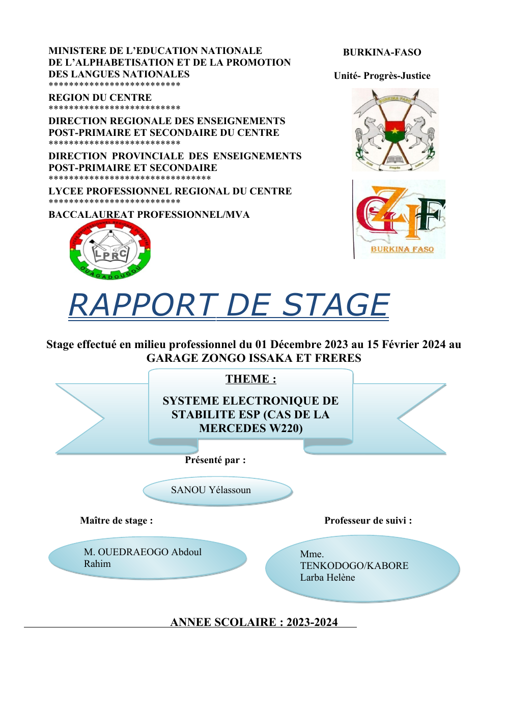Prévisualisation du document Rapport sur ESP: THEME : SYSTEME ELECTRONIQUE DE STABILITE ESP (CAS DE LA MERCEDES W220)