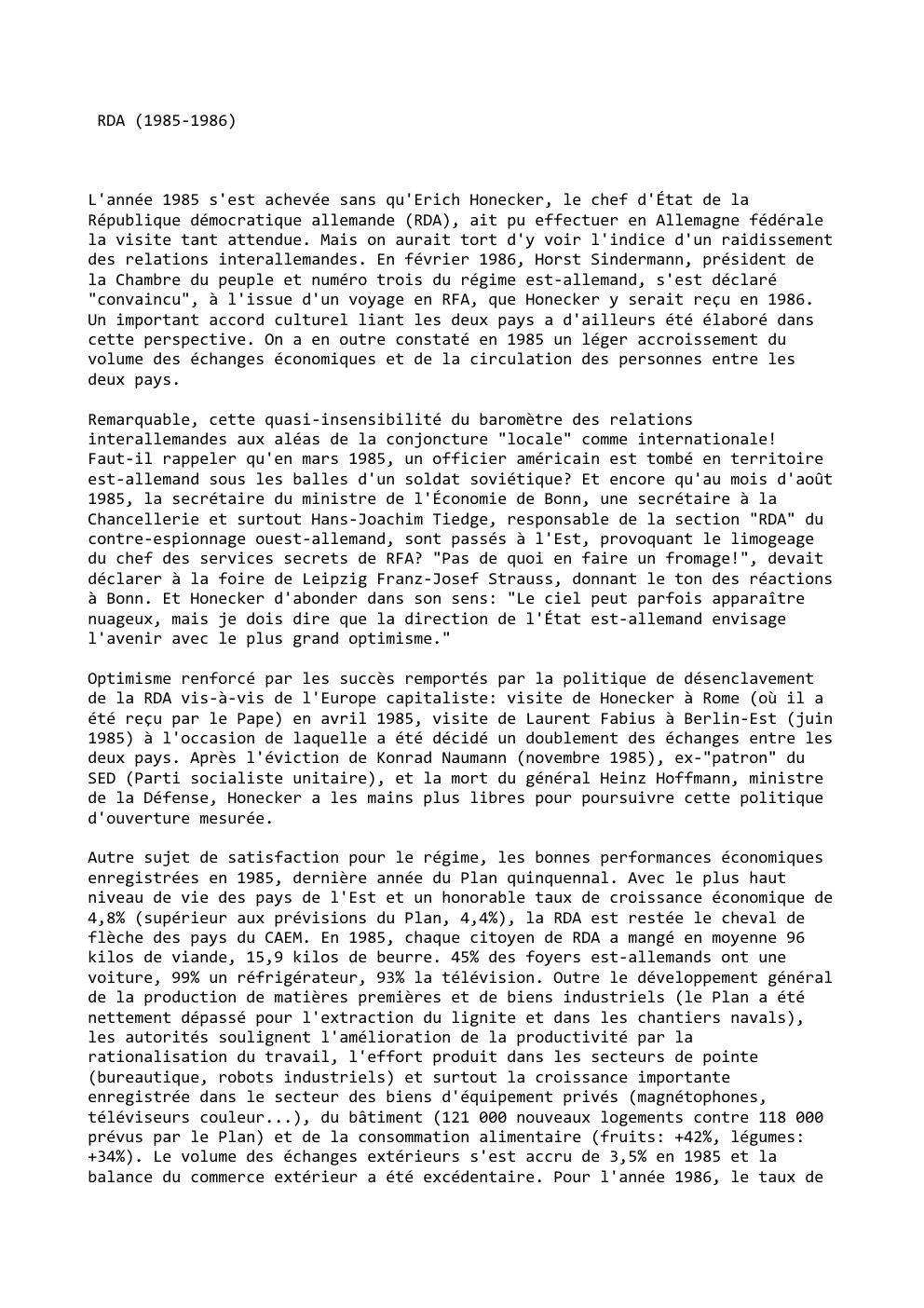 Prévisualisation du document RDA (1985-1986)

L'année 1985 s'est achevée sans qu'Erich Honecker, le chef d'État de la
République démocratique allemande (RDA), ait pu...