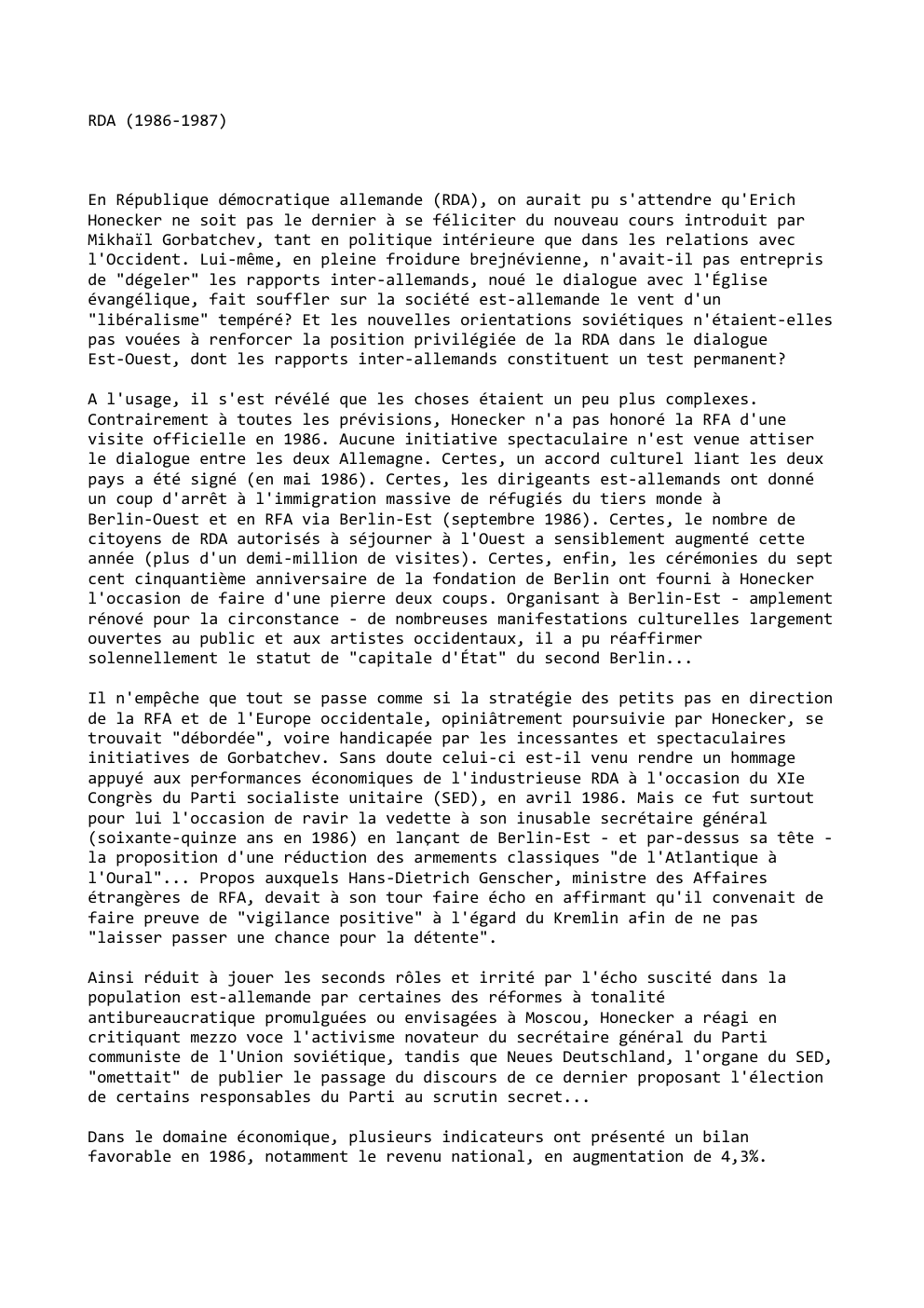 Prévisualisation du document RDA (1986-1987)

En République démocratique allemande (RDA), on aurait pu s'attendre qu'Erich
Honecker ne soit pas le dernier à se...