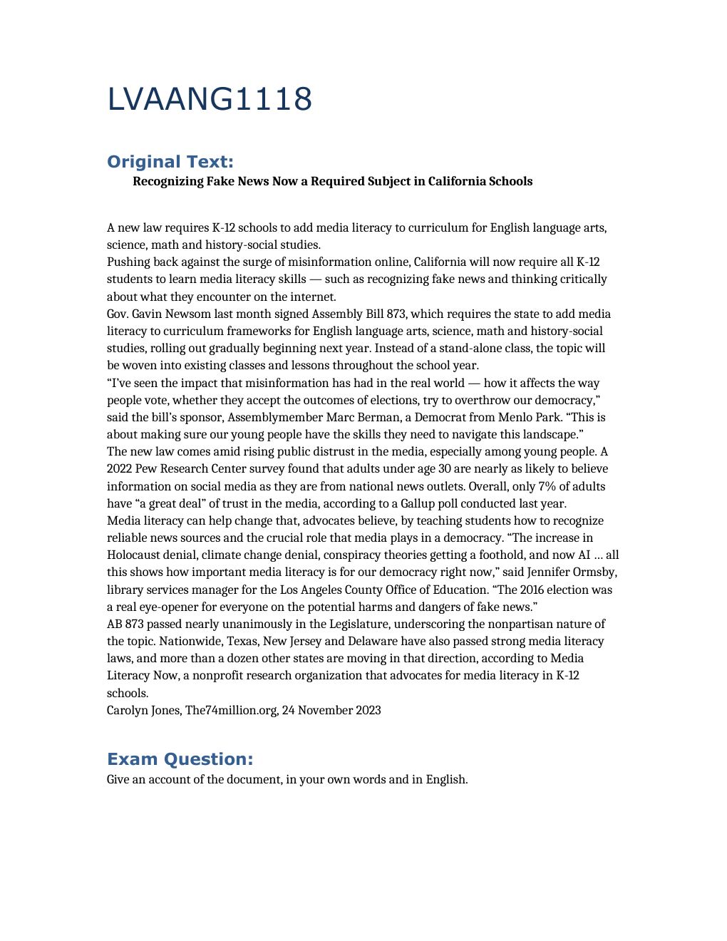 Prévisualisation du document Recognizing Fake News Now a Required Subject in California Schools