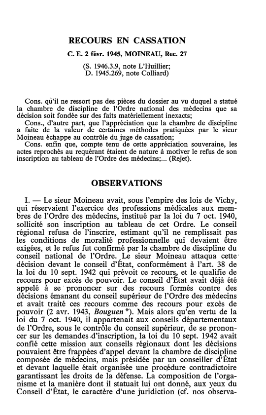 Prévisualisation du document RECOURS EN CASSATION C. E. 2 févr. 1945, MOINEAU, Rec. 27