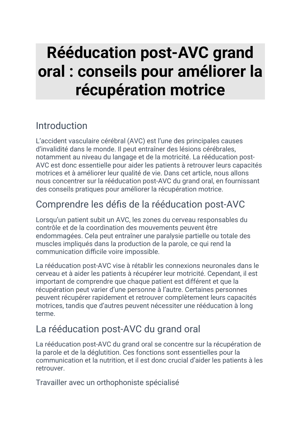 Prévisualisation du document Rééducation post-AVC grand oral : conseils pour améliorer la récupération motrice