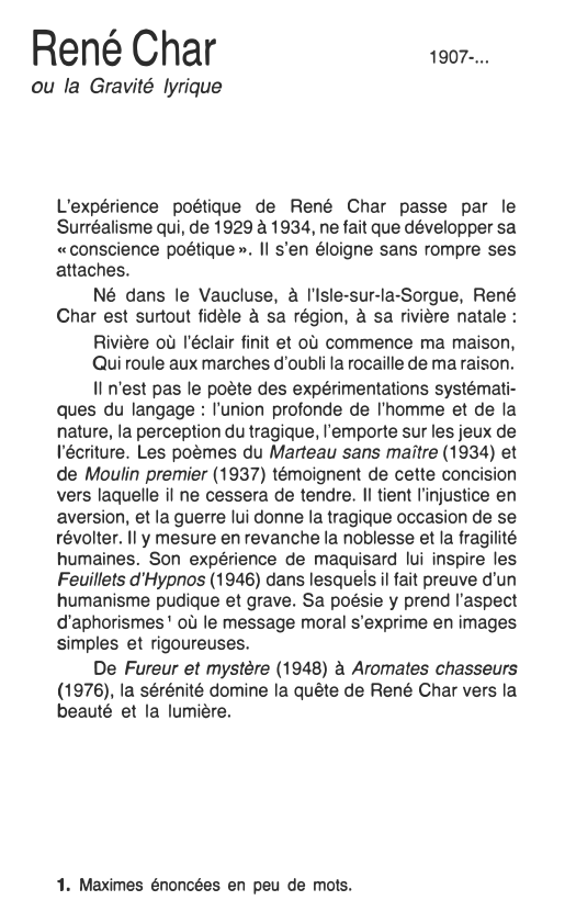 Prévisualisation du document René Char
ou la Gravité lyrique