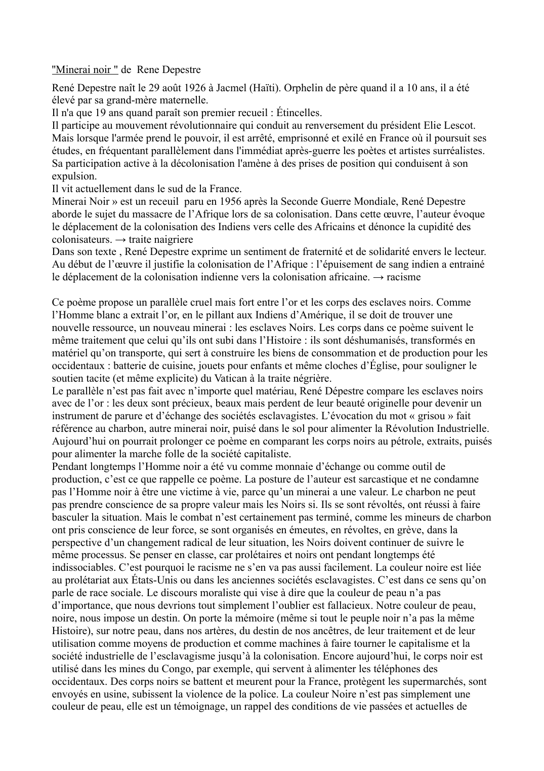 Prévisualisation du document Rene Depestre Minerai Noir (analyse détaillée) - Commentaire littéraire