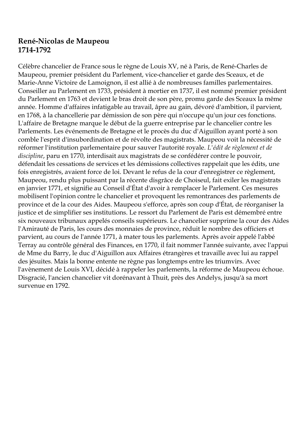 Prévisualisation du document René-Nicolas de Maupeou1714-1792 : Célèbre chancelier de France sous le règne de
