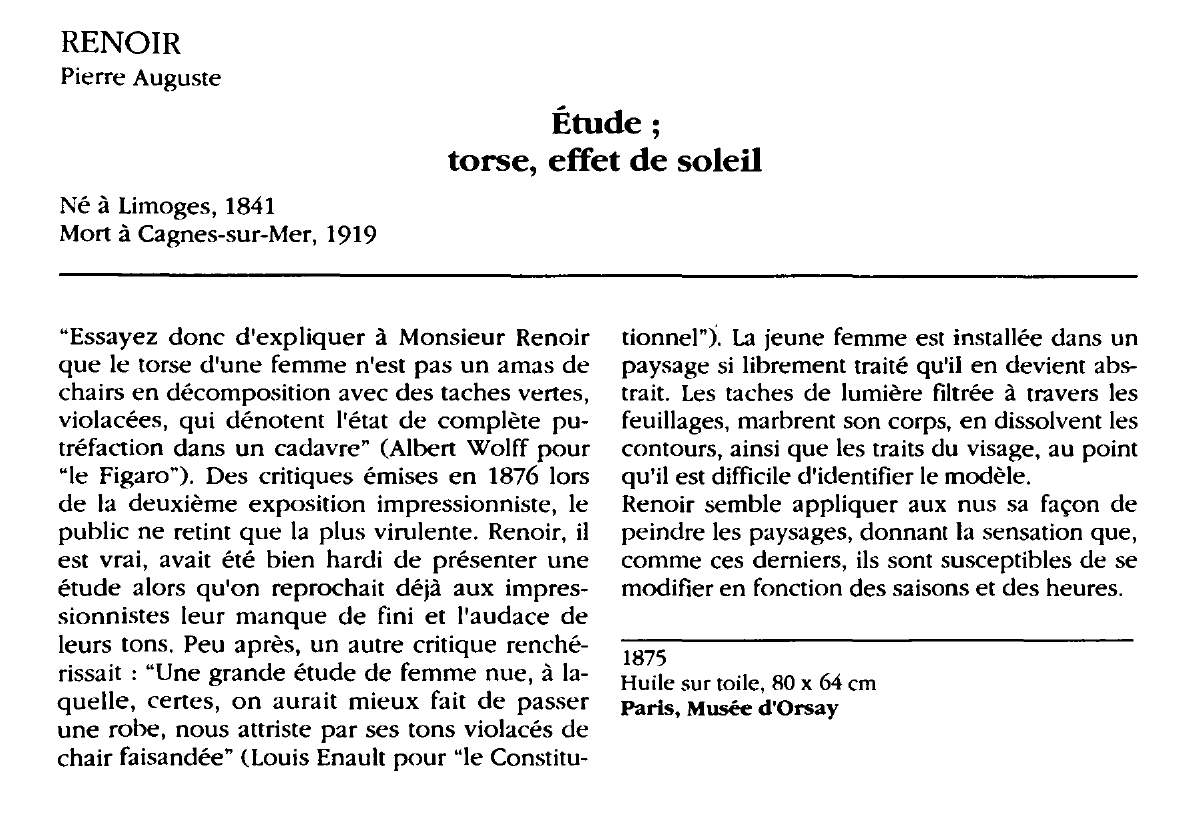 Prévisualisation du document RENOIR Pierre Auguste : Étude; torse, effet de soleil