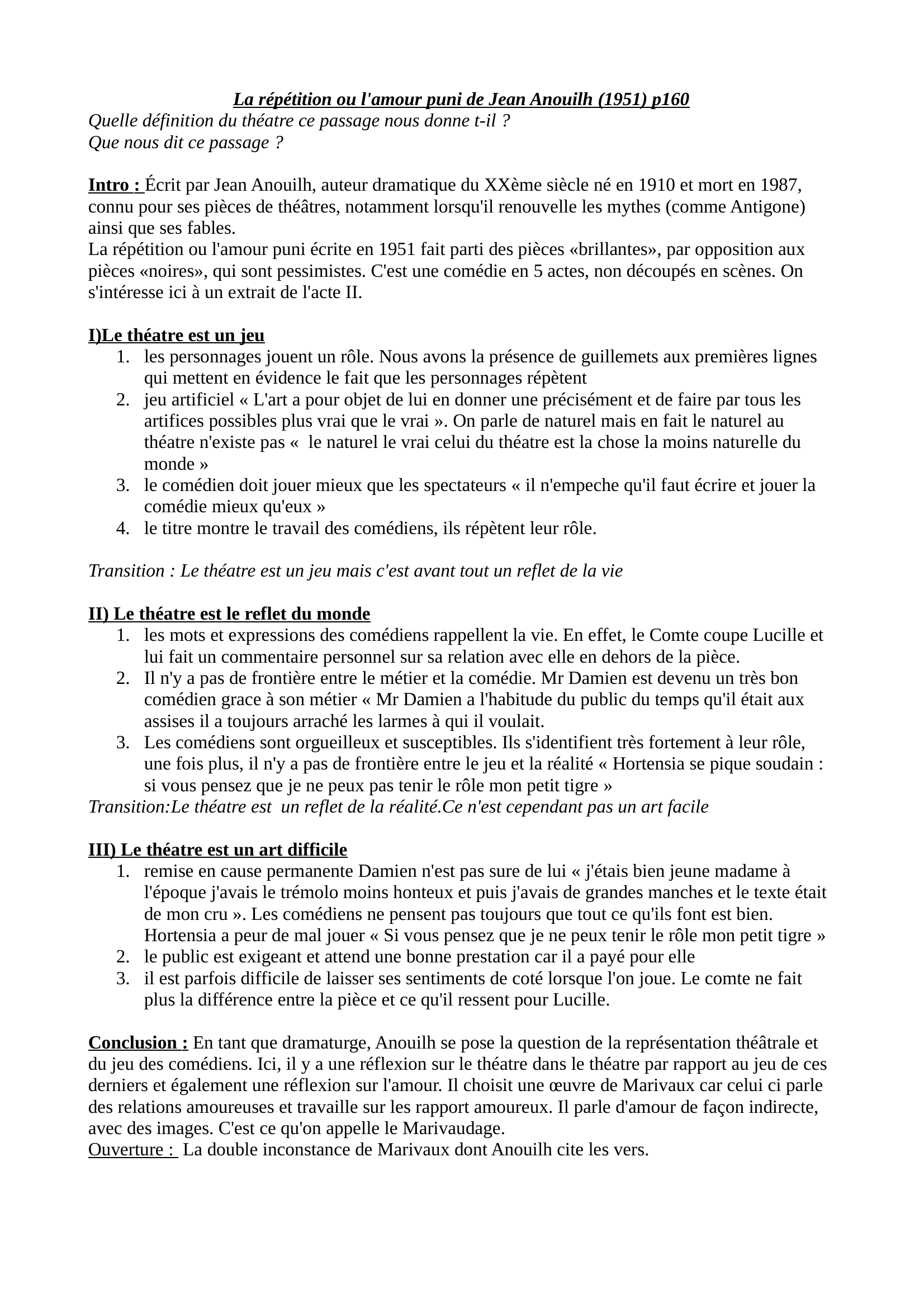 Prévisualisation du document RÉPÉTITION OU L’AMOUR PUNI (La) Jean Anouilh : Fiche de lecture