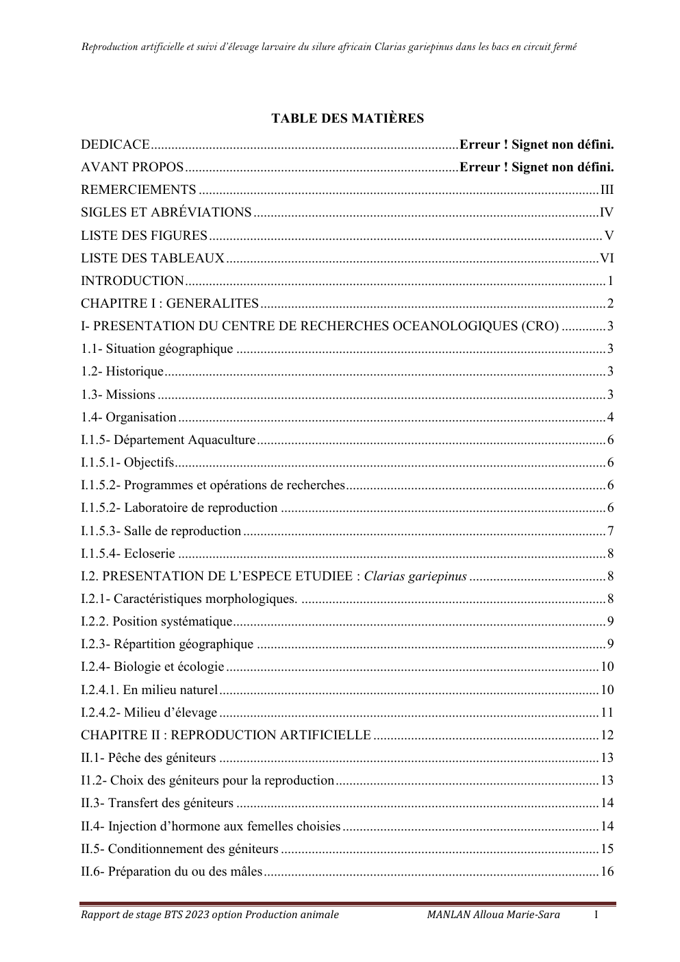 Prévisualisation du document REPRODUCTION ARTIFICIELLE ET SUIVI D’ELEVAGE LARVAIRE DU SILURE AFRICAIN Clarias gariepinus DANS LES BACS EN CIRCUIT FERME A L’ECLOSERIE DU CRO