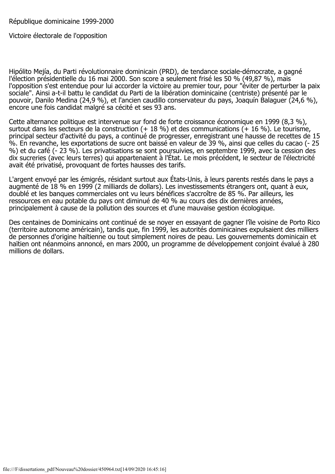 Prévisualisation du document République dominicaine (1999-2000): Victoire électorale de l'opposition