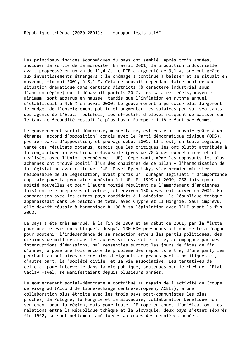 Prévisualisation du document République tchèque (2000-2001): L'"ouragan législatif"