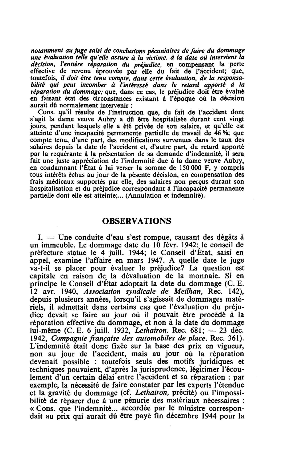 Prévisualisation du document RESPONSABILITÉ ' ÉVALUATION DU PRÉJUDICE C.E. 21 mars 1947, COMPAGNIE GÉNÉRALE DES EAUX et Dame Veuve AUBRY, Rec. 122 (droit)