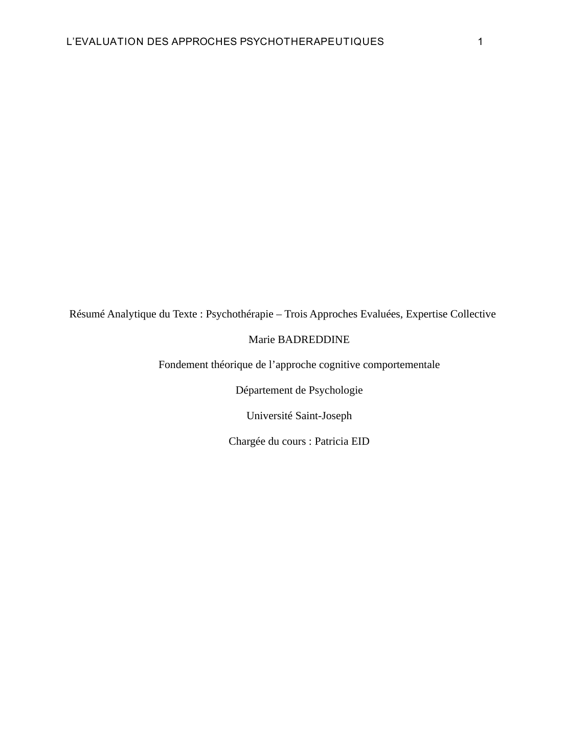 Prévisualisation du document Résumé Analytique du Texte : Psychothérapie &#8211; Trois Approches Evaluées, Expertise Collective