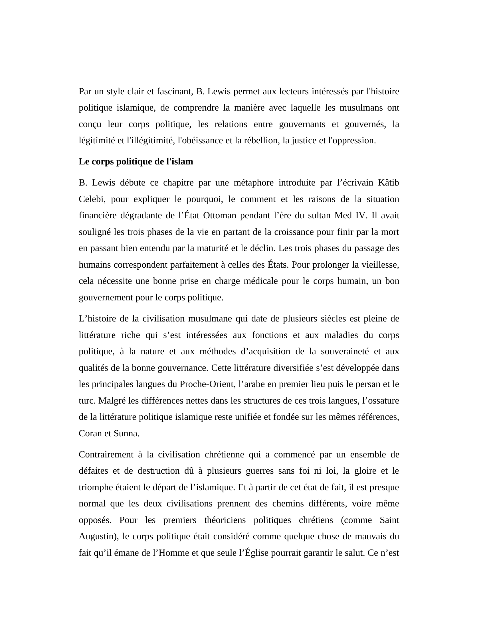 Prévisualisation du document Résumé chapitre 1 du livre Le langage politique de l’islam de Bernard Lewis