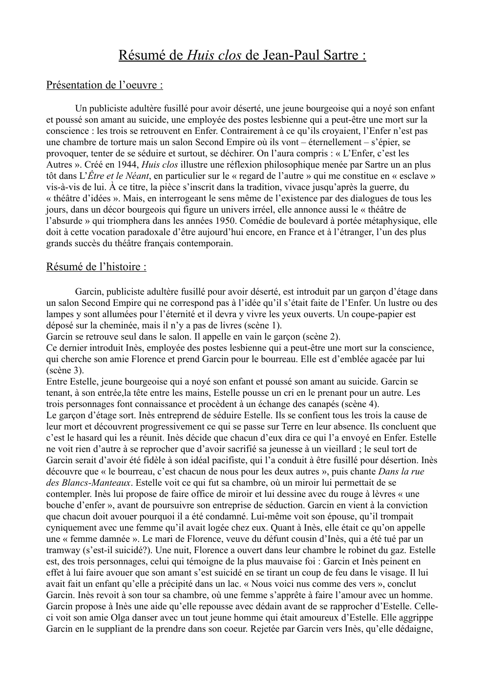 Prévisualisation du document Résumé de Huis clos de Jean-Paul Sartre