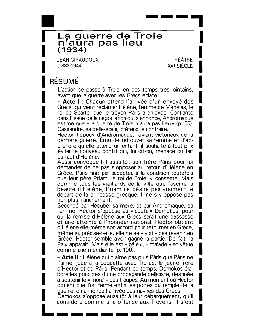 Prévisualisation du document Résumé de La Guerre de Troie n'aura pas lieu de Jean Giraudoux