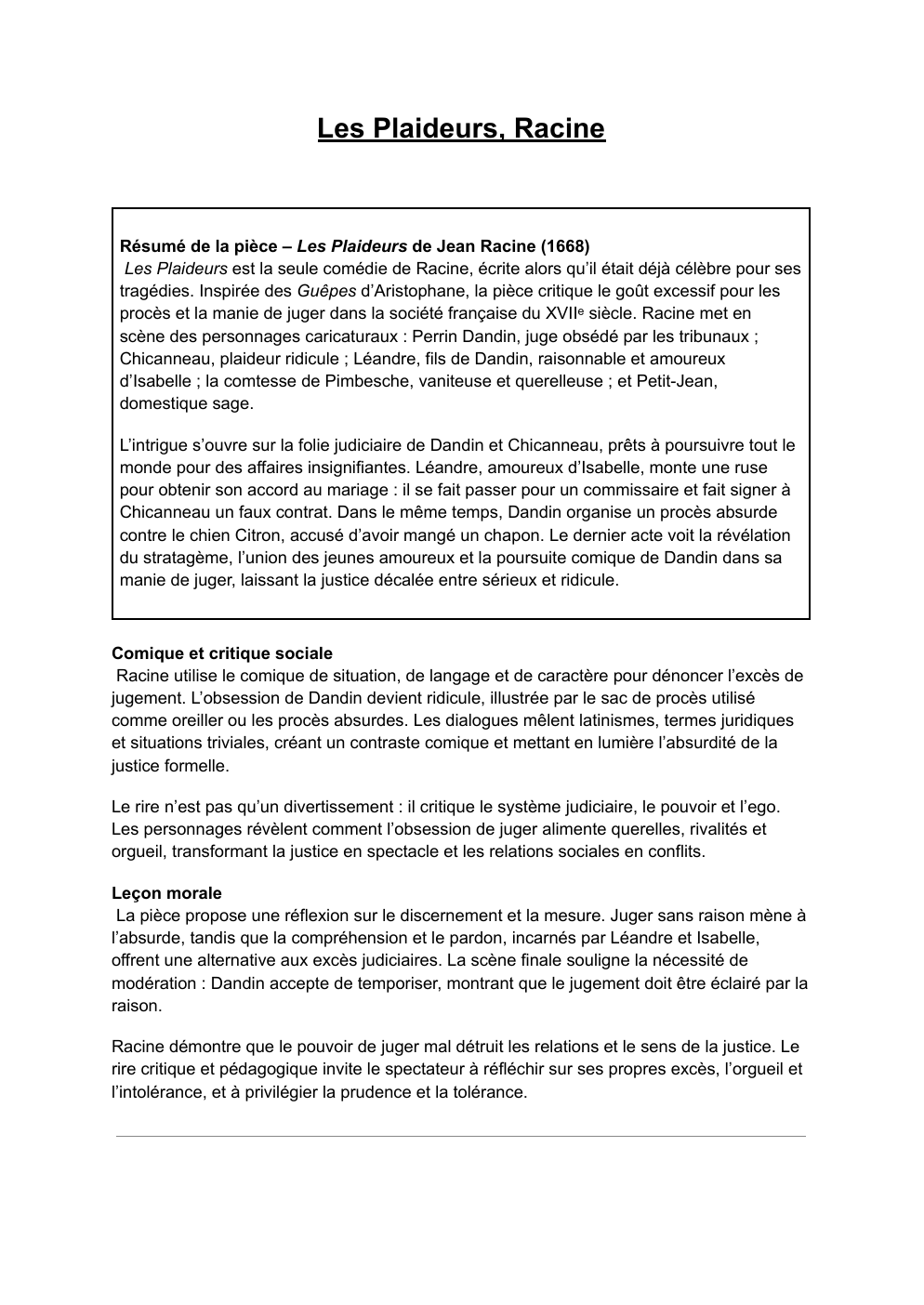 Prévisualisation du document Résumé de la pièce – Les Plaideurs de Jean Racine (1668)