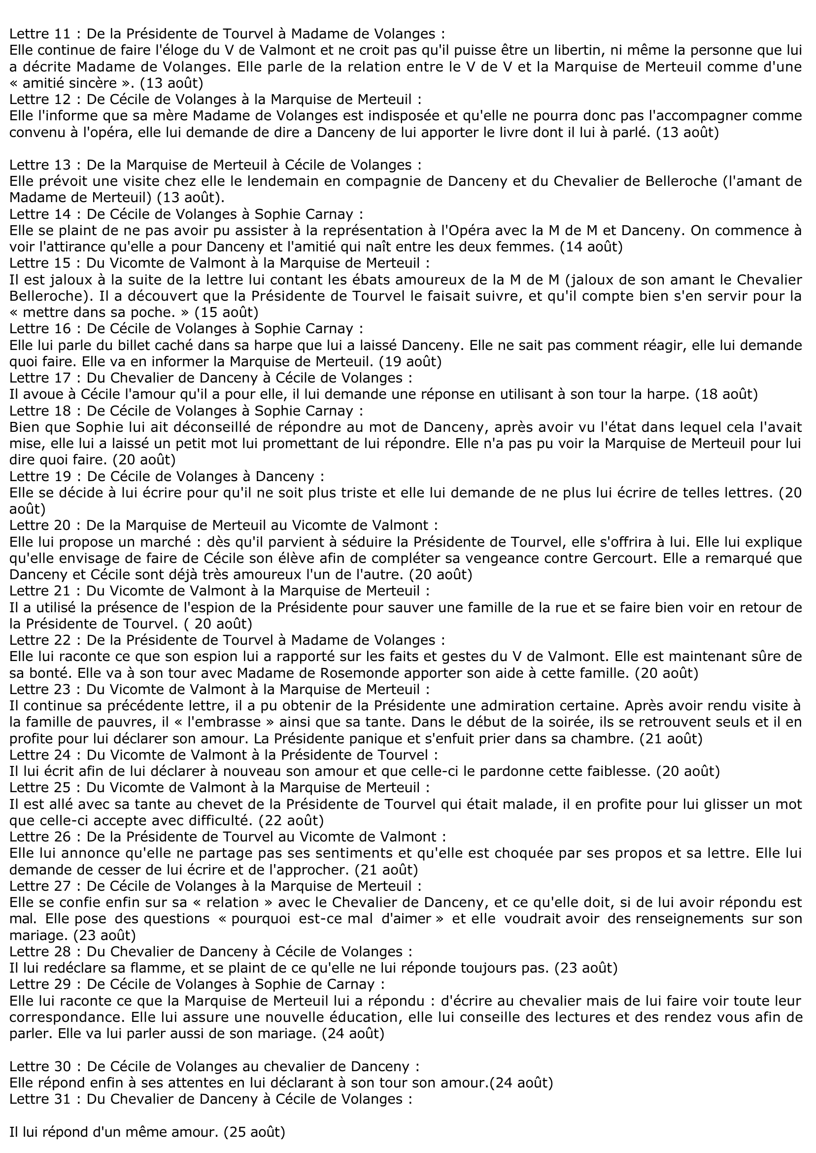 Prévisualisation du document Résumé des Lettres Des LIAISONS DANGEREUSES de Laclos.