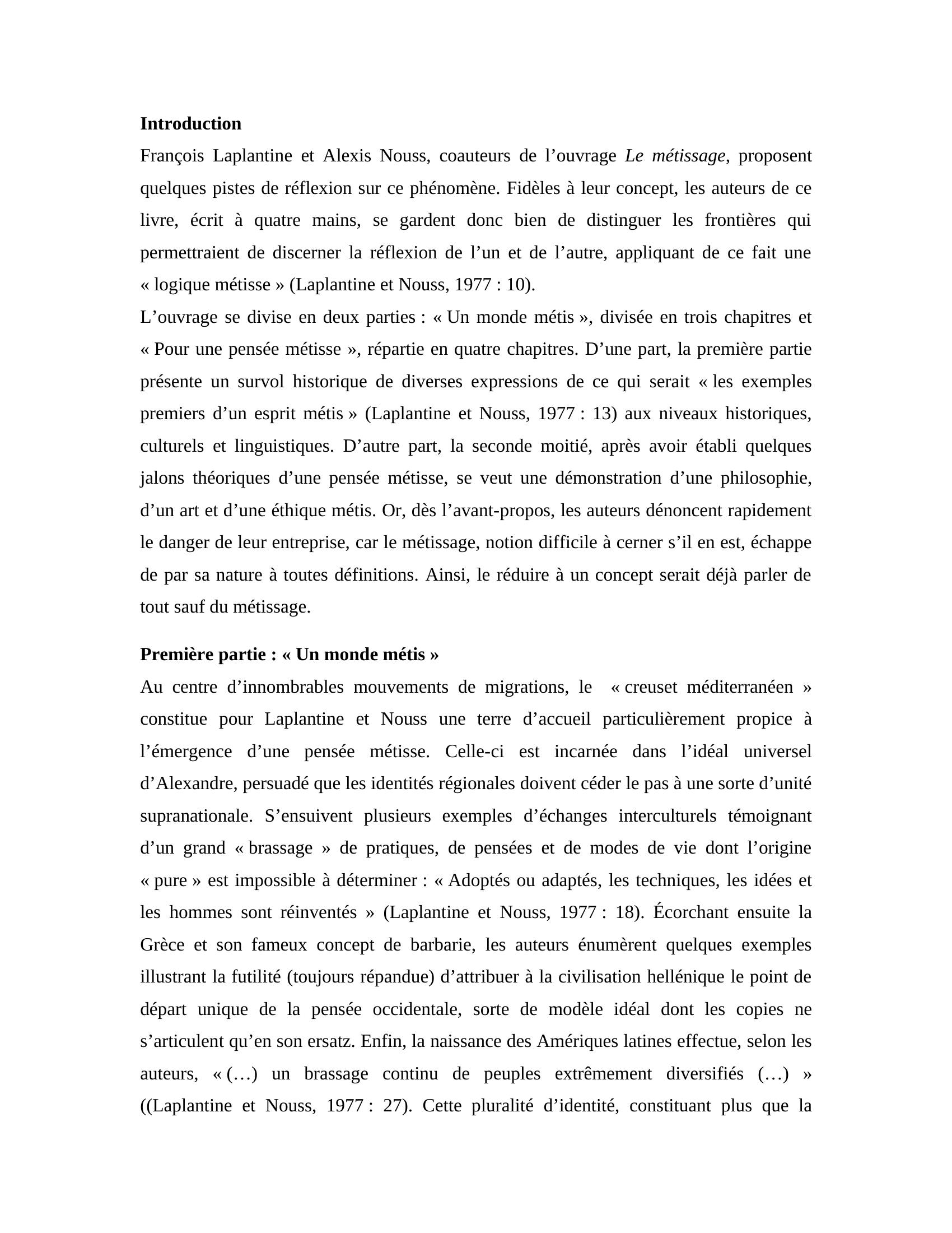 Prévisualisation du document Résumé du livre Le Métissage François Laplantine et Alexis Nouss
