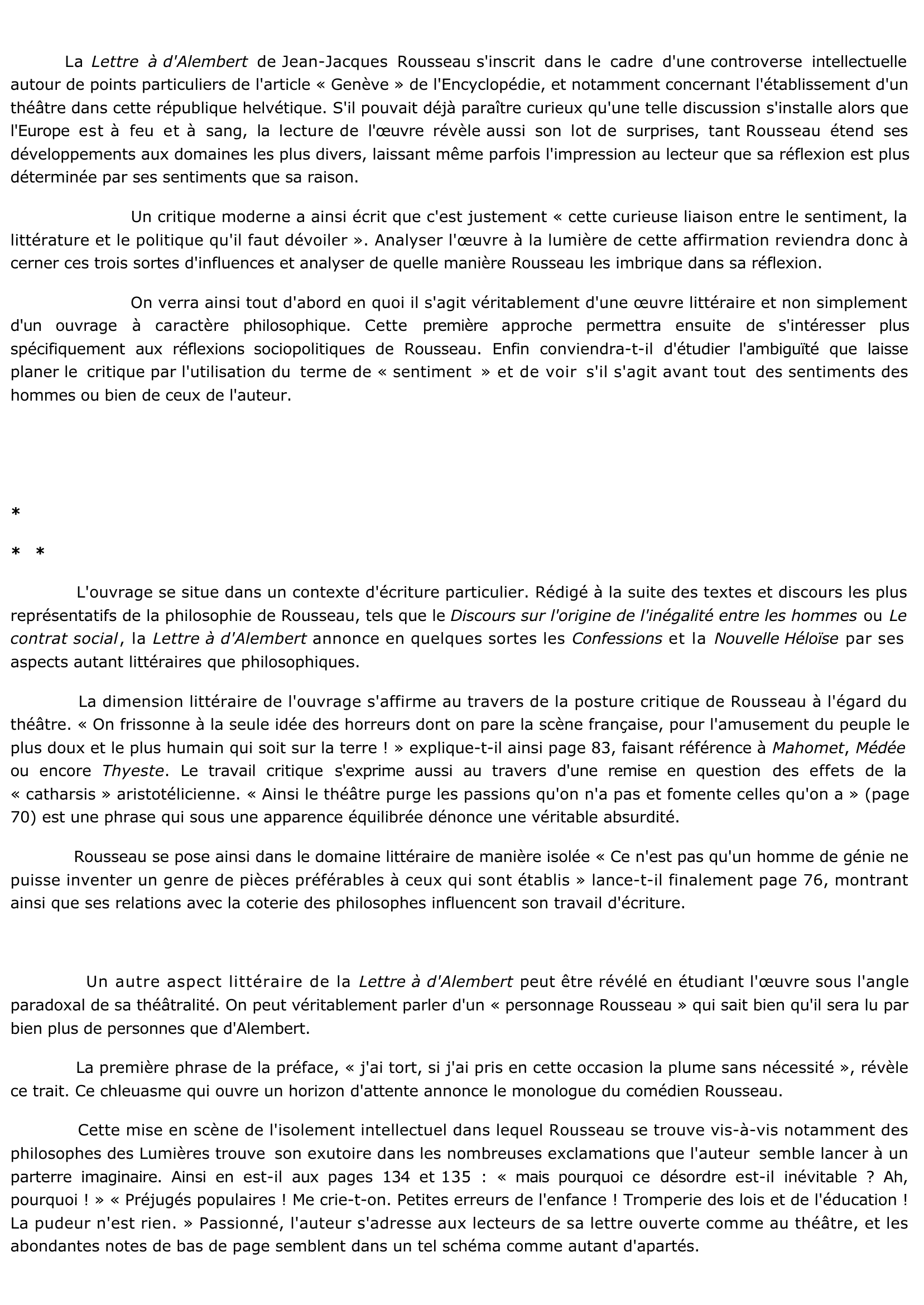 Prévisualisation du document Résumé et analyse de La Lettre à d'Alembert — Rousseau