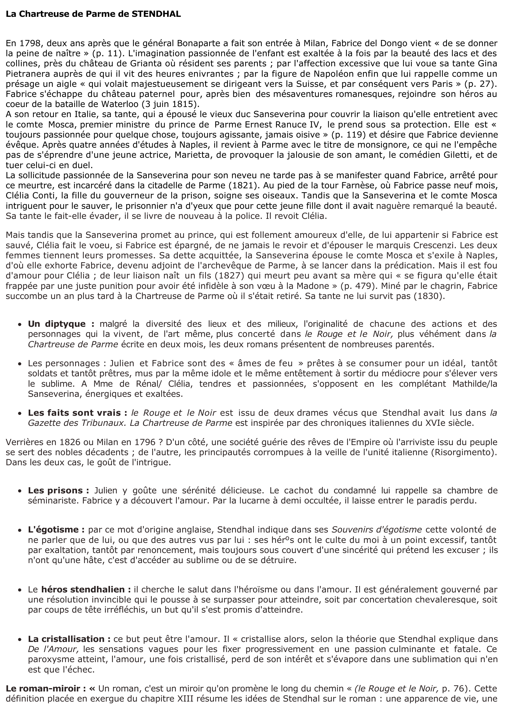 Prévisualisation du document Résumé: La Chartreuse de Parme de STENDHAL