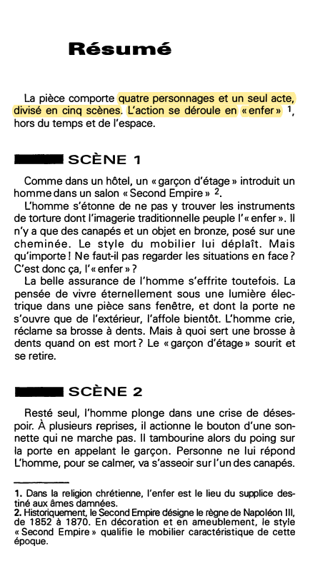 Prévisualisation du document Résumé
La pièce comporte quatre personnages et un seul acte,
divisé en cinq scènes. L'action se déroule en «enfer» 1,...