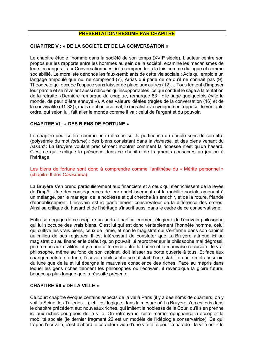 Prévisualisation du document résumé Les Caractères par chapitre