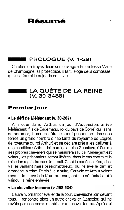 Prévisualisation du document Résumé

PROLOGUE (V. 1-29)
Chrétien de Troyes dédie son ouvrage à la comtesse Marie
de Champagne, sa protectrice. Il fait...