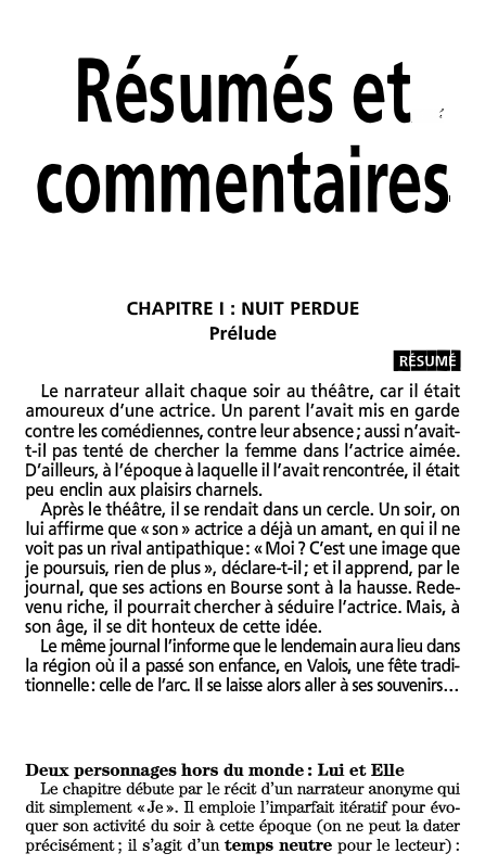 Prévisualisation du document Résumés et
commentaires
CHAPITRE I : NUIT PERDUE
Prélude

Hti*iM◄

Le narrateur allait chaque soir au théâtre, car il était...