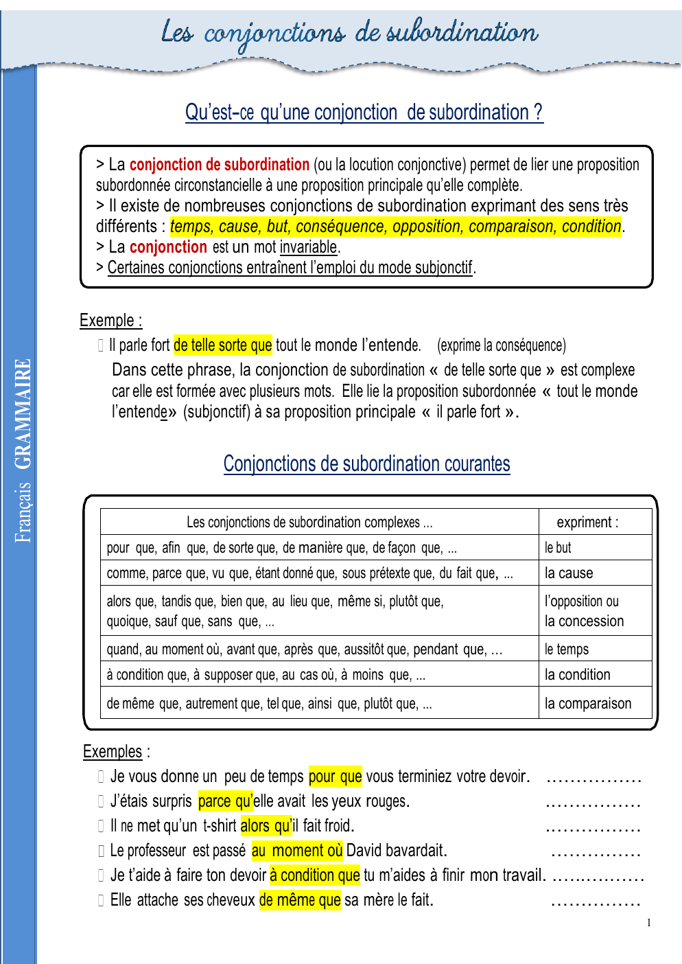 Prévisualisation du document Révision grammaire: Qu’est-ce qu’une conjonction de subordination ?