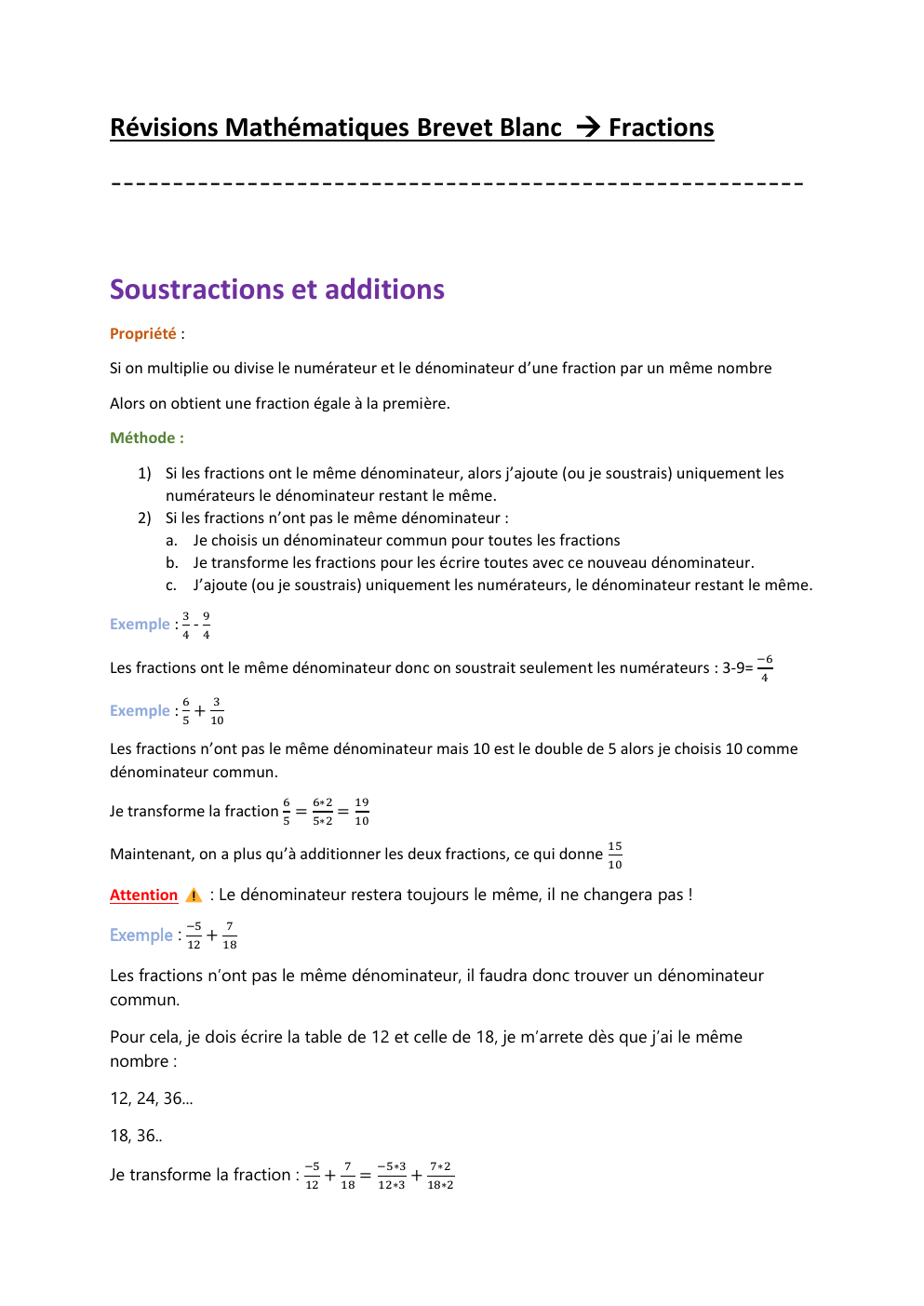 Prévisualisation du document Révisions Mathématiques Brevet Blanc → Fractions