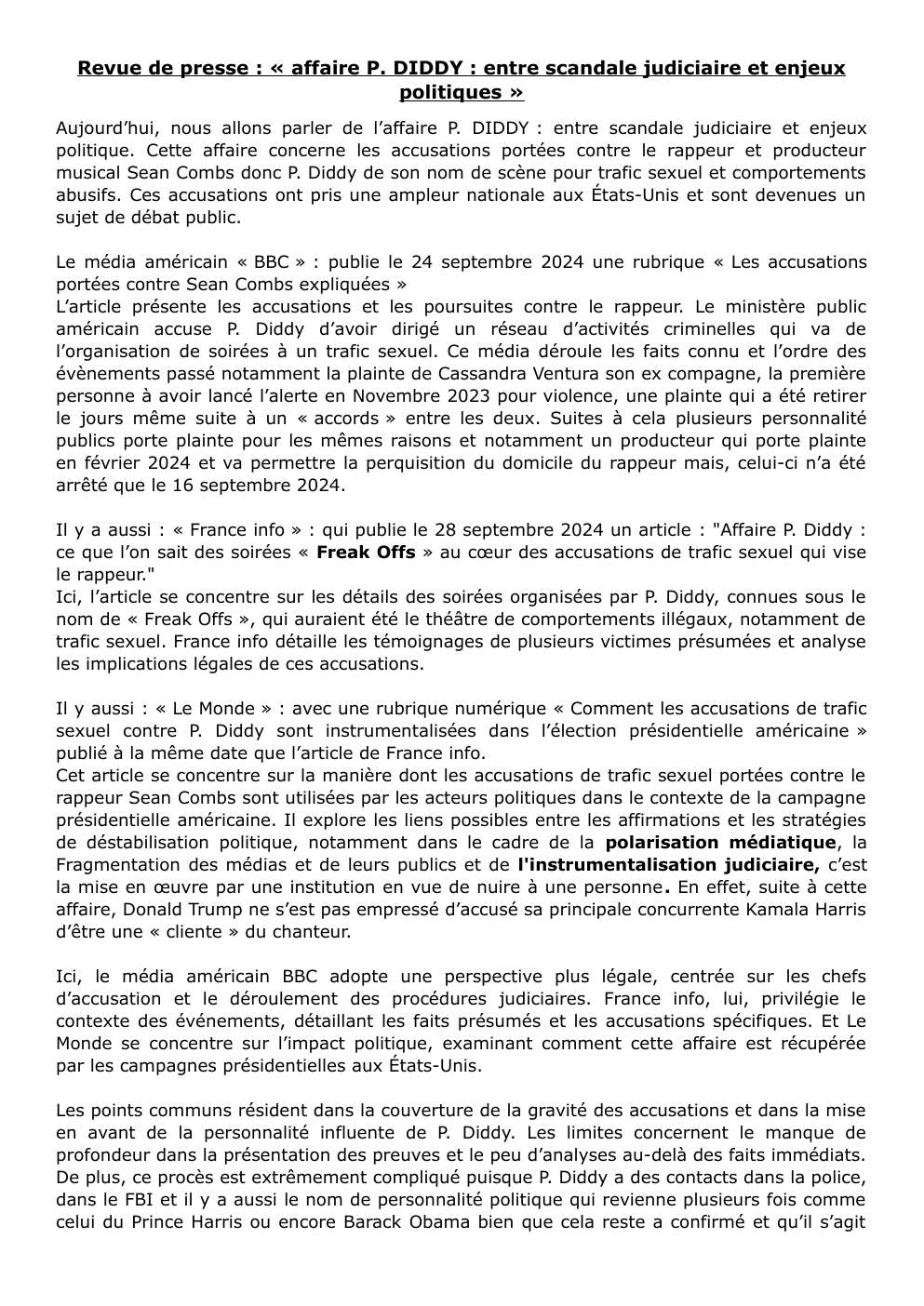 Prévisualisation du document Revue de presse : « affaire P. DIDDY : entre scandale judiciaire et enjeux politiques »