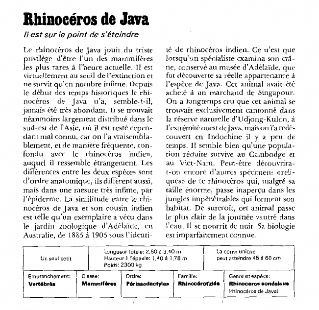 Prévisualisation du document Rhinocéros de Java:Il est sur le point de s'éteindre.
